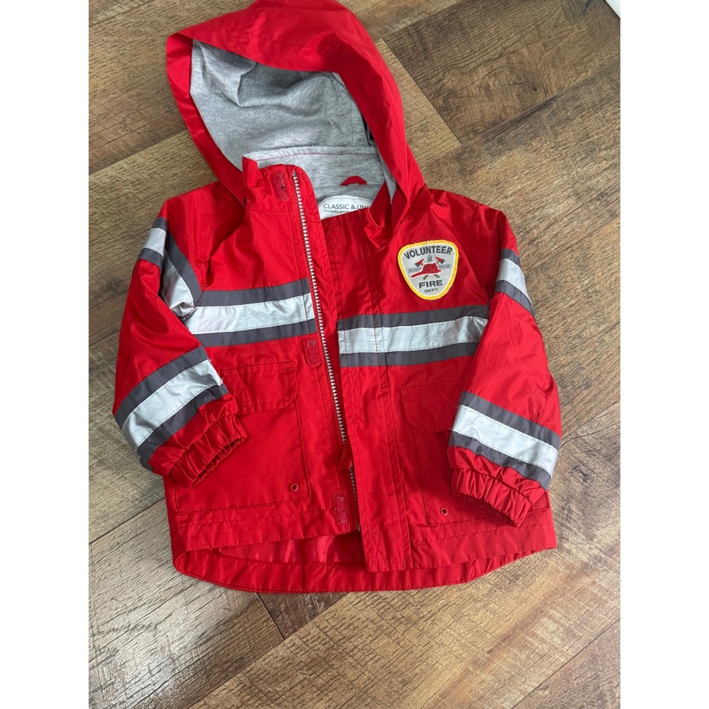 Carters Kids Red Firefighter Rain Jacket Reflective Stripes Hooded Coat 2T
